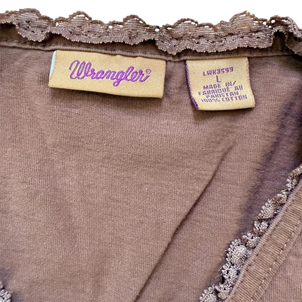 Wrangler Y2K Lace Trim Henley Long Sleeve T-Shirt Women Large Chocolate Brown - Picture 5 of 8